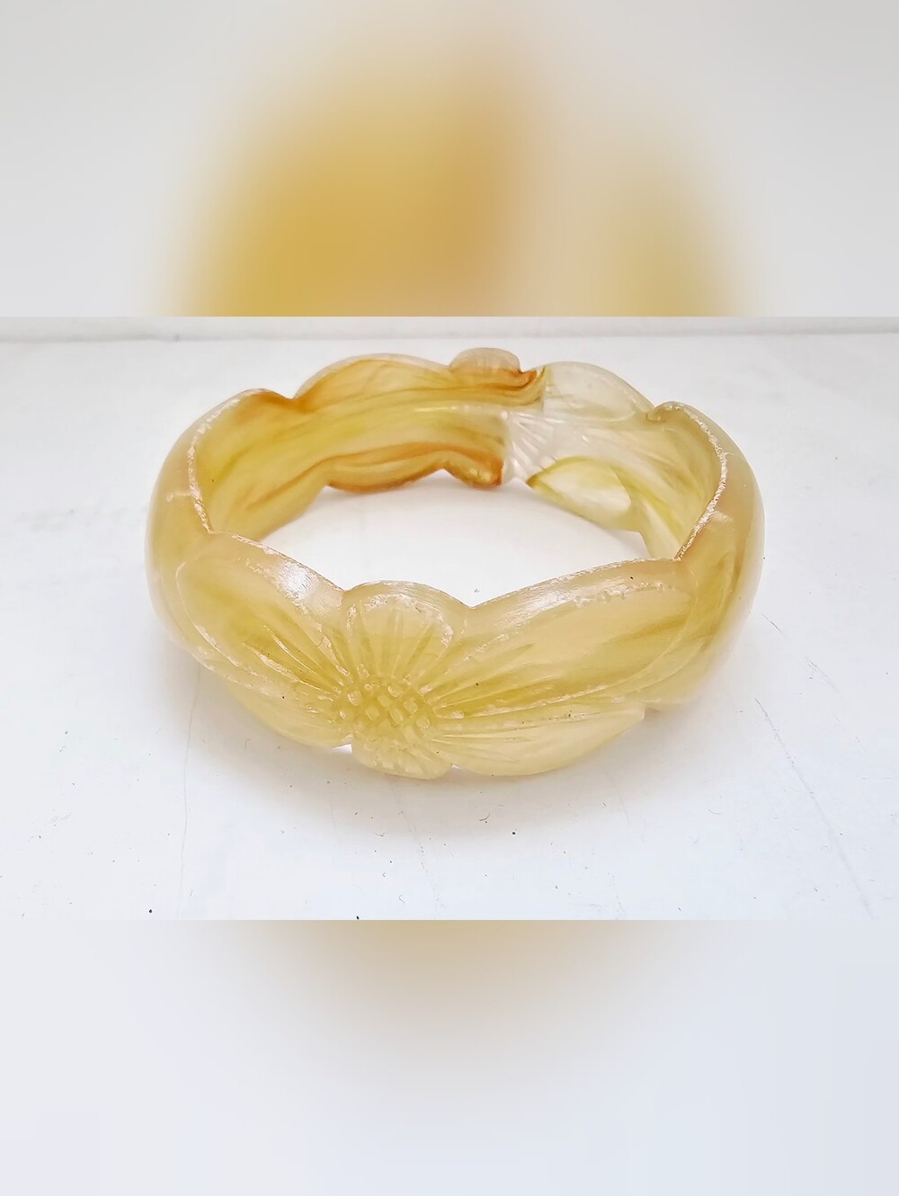 1940s Apple Juice Bakelite Celluloid Carved Floral Bangle Bracelet - Yellow